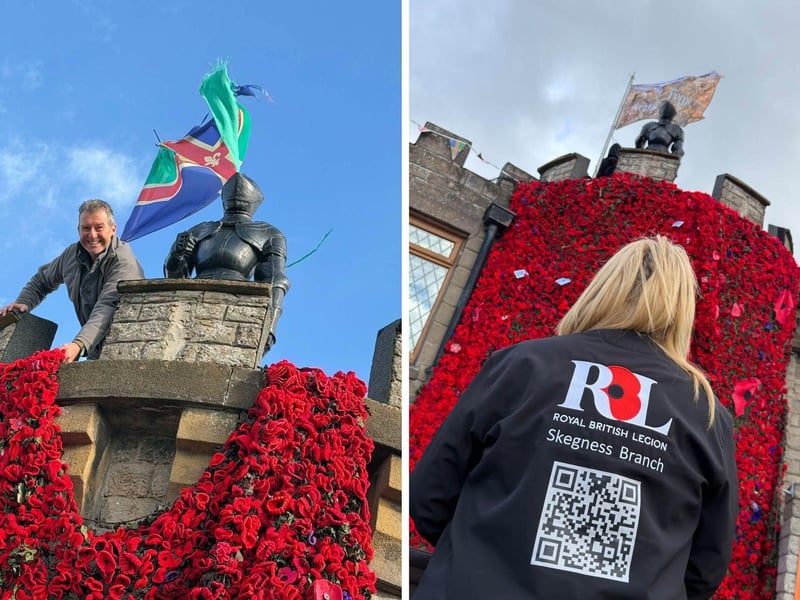 A stunning display - The cascading poppies being hung at the Suncastle in Skegness. Photos by John Byford.