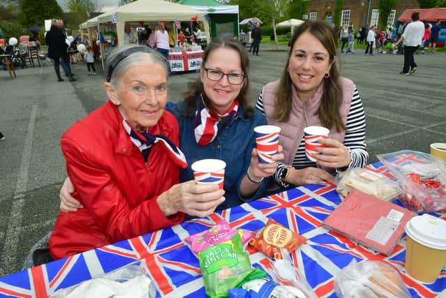 Val Darnell, Lou Hunt and Jade Dicrosta enjoying Manby's coronation fun day.