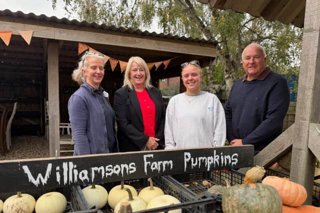Pictured at Williamson's Farm Shop are Sally Williamson and her daughter Charlotte with Couns Trevor Young and Lesley Rollings