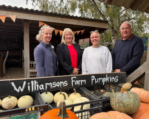 Pictured at Williamson's Farm Shop are Sally Williamson and her daughter Charlotte with Couns Trevor Young and Lesley Rollings