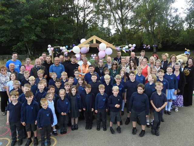 Osbournby School children, stuff and guests at the official opening of James' Garden.