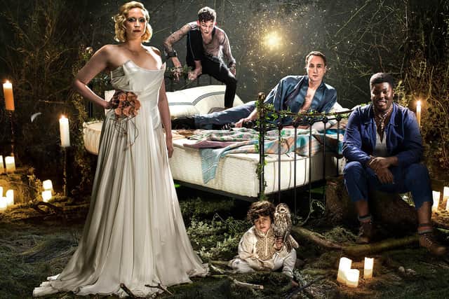 National Theatre's production of A Midsummer Night's Dream. Pictured left to right are Gwendoline Christie, David Moorst, Ryan Bawa, Oliver Chris and Hammed Animashaun. Photo by Perou.