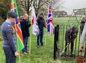 Daphne Norridge plants Dorrington’s new oak tree watched by the three flag bearers and people from the village. Photo: Julia Newton