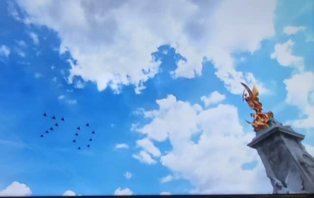 Typhoons flying over Buckingham Palace in the formation of 70.