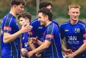Declan Howe celebrates scoring for Gainsborough. Photo by @shotbybamboo.