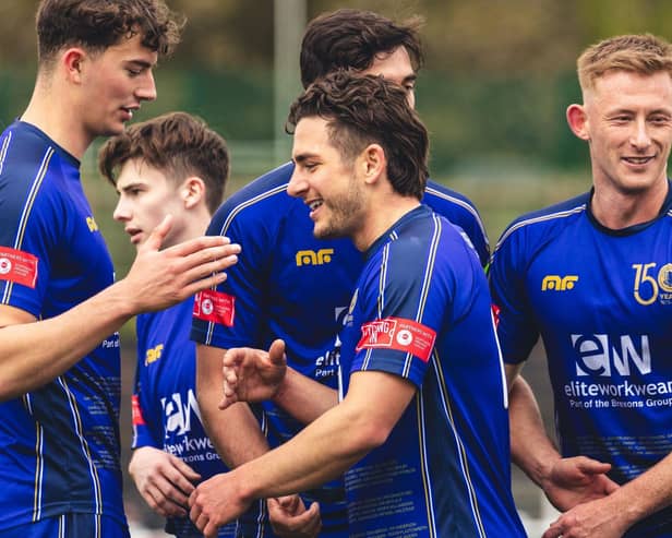 Declan Howe celebrates scoring for Gainsborough. Photo by @shotbybamboo.
