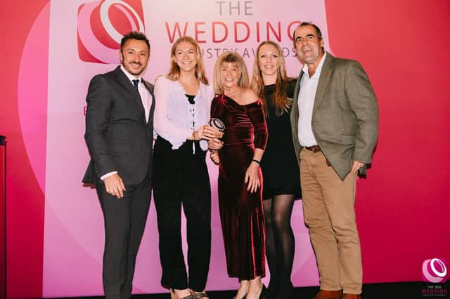 Damien Bailey, Founder of The Wedding industry Awards, with Abbey Farm's Wedding Events Manager Millie Bower, co-owner Jo Nelstrop, Cocktail Mixologist Lauren Coupland, and co-owner Will Nelstrop. Photo: @roseandrainbowphotography