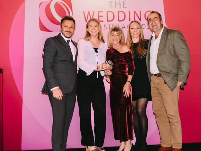 Damien Bailey, Founder of The Wedding industry Awards, with Abbey Farm's Wedding Events Manager Millie Bower, co-owner Jo Nelstrop, Cocktail Mixologist Lauren Coupland, and co-owner Will Nelstrop. Photo: @roseandrainbowphotography