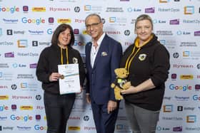 Nikki and Kate of Bee More Design receiving award from Theo Paphitis