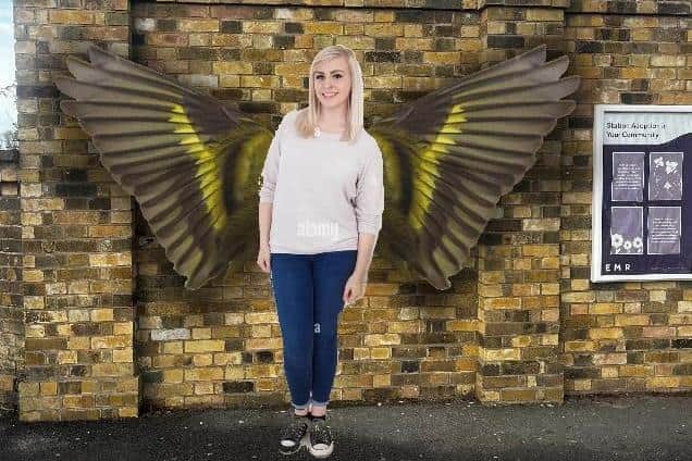 A concept image of what a wings installation may look like with a person posing in front of it.