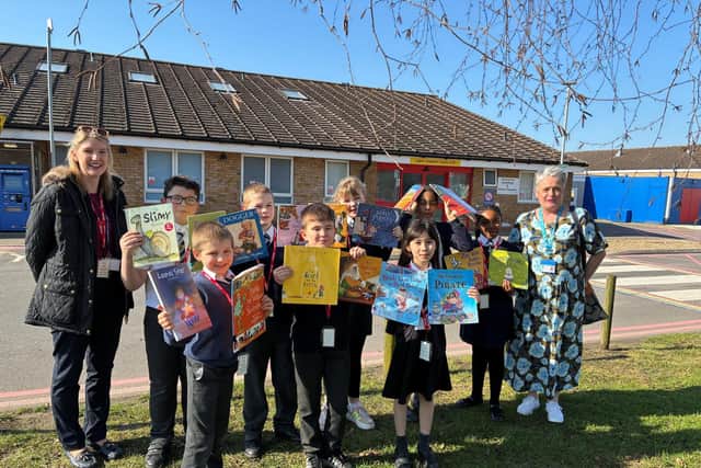 Children from St Mary’s Catholic Primary School outside Grantham and District Hospital