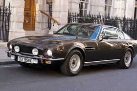 Library image of an Aston Martin V8 Vantage outside Christie's auction house in central London for the Sixty Years of James Bond auction.