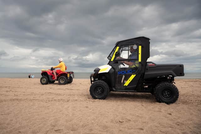 Lincolnshire Police's beach buggy working alongside the RNLI lifeguards on the coast.
