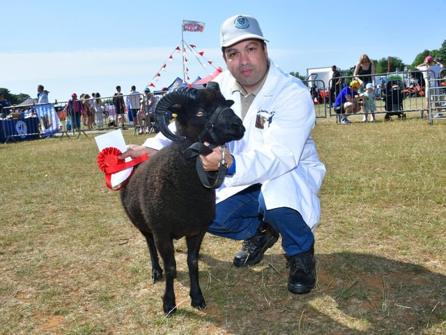 Best Male Rare Breed Primitive, judging. Ridney Gopaul with 1st placed, Cooper, of Joy-C Flock, Old Leake.