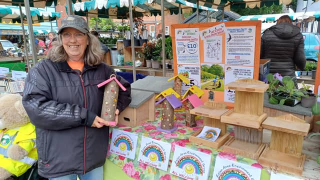 Yvonne Horrocks on the Rasen Area Environment Group stall, with one of the ladybird homes she made