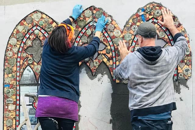 Some of the mosaic pieces being installed at the site last week.