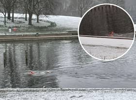 A man was caught on video swimming in Roundhay Park's Waterloo Lake in Leeds during freezing temperatures and warnings in place for snow.