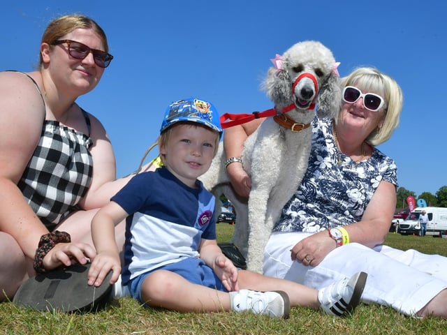 Charleigh Curle, Logan Wietrzyk, 3, Trina Coldron and dog, Meshka.