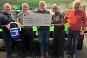 Simon West (middle) Chairman of Cancer Research Louth receives a cheque to the value of £1535-00 from Dorothy Dawson and Jack Westerby to the delight of Martin Smith (right) President of the Louth Town & Country Club and Gordon Cummings Treasurer of Cancer Research Louth