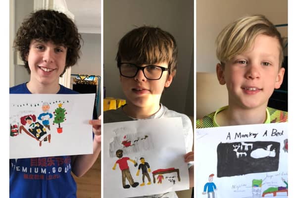 Harry, George, and Charlie with their initial designs