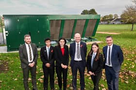 By the impressive new pump are, from left, Rob Middleton, Facilities Officer at Lincolnshire Gateway Academies Trust, James Brown, year 10, Frances Green, principal, Martin Brown, Chief Executive Officer at Lincolnshire Gateway Academies Trust, Mia Stubbs, year 10, and Mark Shadbolt, Facilities Manager at Lincolnshire Gateway Academies Trust.