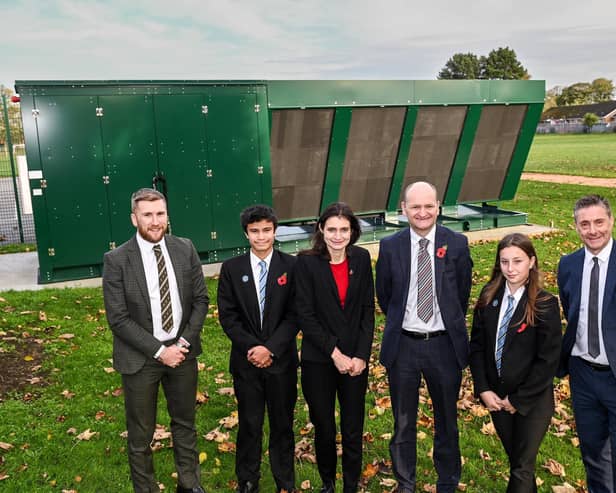 By the impressive new pump are, from left, Rob Middleton, Facilities Officer at Lincolnshire Gateway Academies Trust, James Brown, year 10, Frances Green, principal, Martin Brown, Chief Executive Officer at Lincolnshire Gateway Academies Trust, Mia Stubbs, year 10, and Mark Shadbolt, Facilities Manager at Lincolnshire Gateway Academies Trust.
