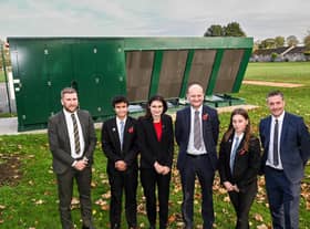 By the impressive new pump are, from left, Rob Middleton, Facilities Officer at Lincolnshire Gateway Academies Trust, James Brown, year 10, Frances Green, principal, Martin Brown, Chief Executive Officer at Lincolnshire Gateway Academies Trust, Mia Stubbs, year 10, and Mark Shadbolt, Facilities Manager at Lincolnshire Gateway Academies Trust.