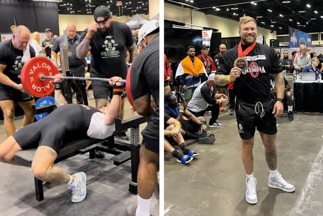 Thomas Chenery, of Boston, before and after his 195kg lift at Florida's Olympia event.