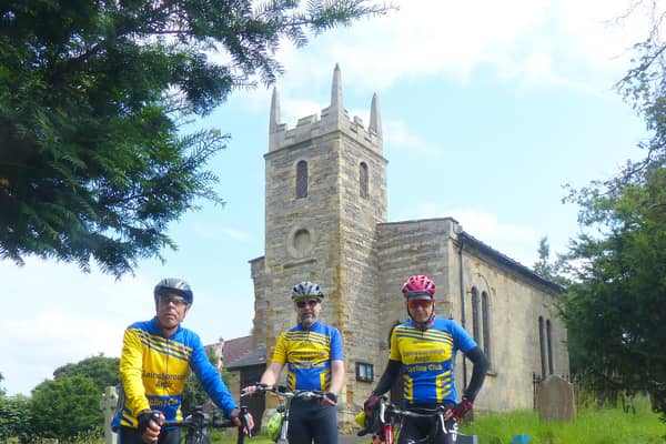 Left to right Gainsborough Aegir Cycling Club members, Trevor Halstead, Geoff Garner and Barry Markham at Pilham Church. Picture by Daniel Nicholson.