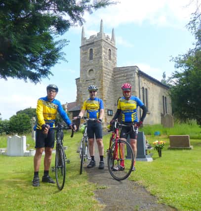 Left to right Gainsborough Aegir Cycling Club members, Trevor Halstead, Geoff Garner and Barry Markham at Pilham Church. Picture by Daniel Nicholson.