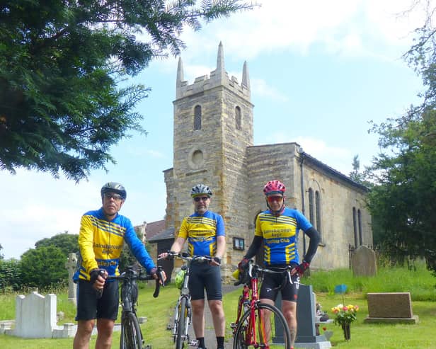 Left to right Gainsborough Aegir Cycling Club members, Trevor Halstead, Geoff Garner and Barry Markham at Pilham Church. Picture by Daniel Nicholson.