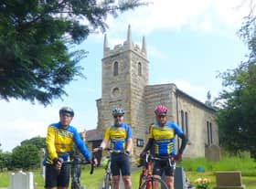 Left to right Gainsborough Aegir Cycling Club members, Trevor Halstead, Geoff Garner and Barry Markham at Pilham Church. Picture by Daniel Nicholson.