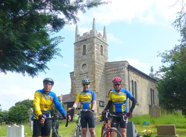 Left to right Gainsborough Aegir Cycling Club members, Trevor Halstead, Geoff Garner and Barry Markham at Pilham Church. Picture by Daniel Nicholson.