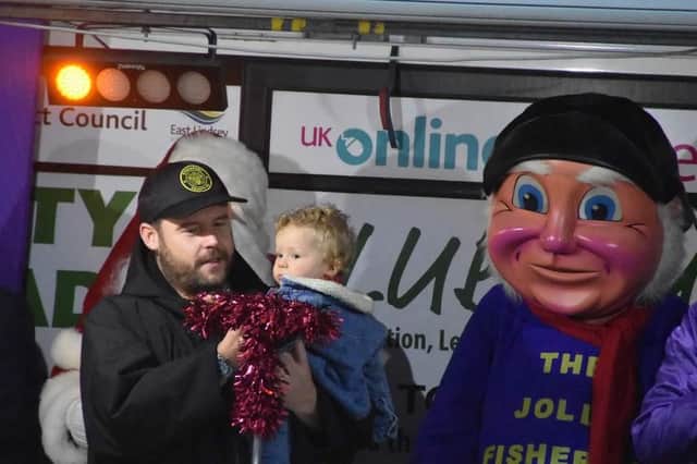 I'm a Celebrity Get Me Out of Here star Danny Miller on stage with son Albert and the Jolly Fisherman...