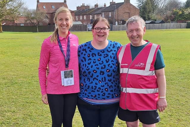 Robin Harrison (right) with fellow event director Laura Stott-Allworthy (left) and Joanna Langley, parkrun Event Support Ambassador.