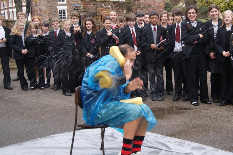Caistor Grammar School headteacher Roger Hale gets a soaking 10 years ago as part of a fundraiser held by Young Enterprise company Sci Tech.