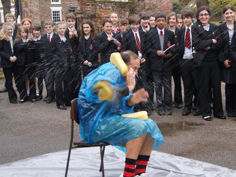 Caistor Grammar School headteacher Roger Hale gets a soaking 10 years ago as part of a fundraiser held by Young Enterprise company Sci Tech.