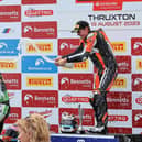 Aaron Silvester celebrates his win at Thruxton. Photo: MotoAero Photography.