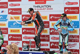 Aaron Silvester celebrates his win at Thruxton. Photo: MotoAero Photography.