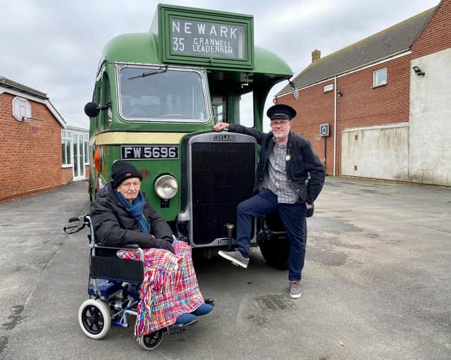 Frances Gardiner and Exhibition Organiser David Monk with the Leyland Tiger Bus that was stranded 70 years by flood water on Trusthorpe Road in Sutton on Sea.