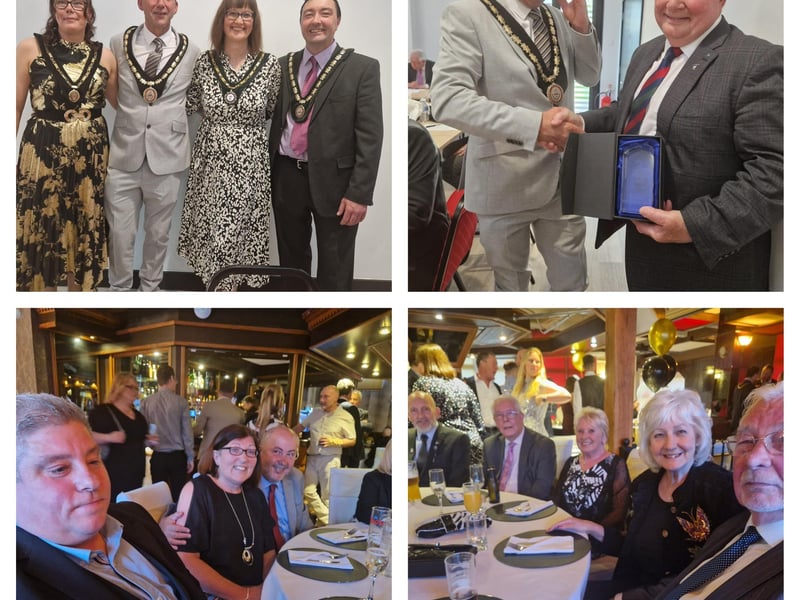 Top row, new Mayor Coun Adrian Findley and Mayoress Sarah Staples and Deputy Mayor and Mayoress Coun Jimmy Brookes and Emma; Coun Findley makes presentation to outgoing Mayor Coun Pete Barry and the after party.