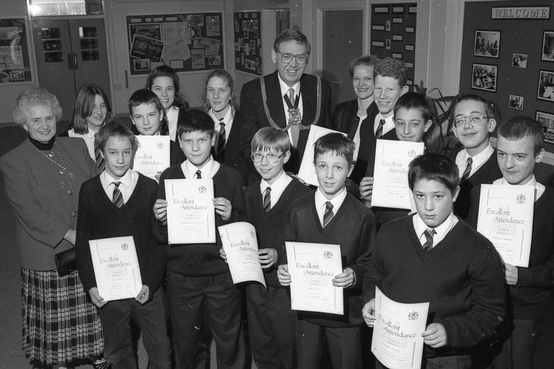 The Mayor and Mayoress of Boston, Couns Keith and Joyce Dobson, attending Haven High School, Boston, to present attendance certificates to pupils with a 100 per cent record.