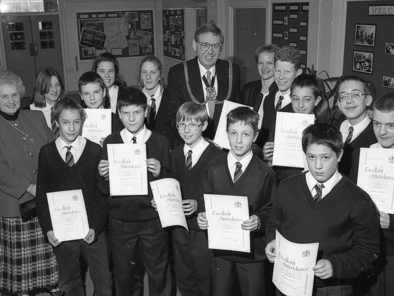 The Mayor and Mayoress of Boston, Couns Keith and Joyce Dobson, attending Haven High School, Boston, to present attendance certificates to pupils with a 100 per cent record.