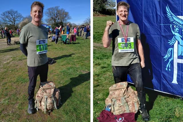 Ian Johnson, of Swineshead, Boston, before and after the Roman Rampage. He described the conditions as 'hilly, muddy and wet'.