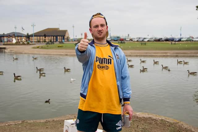 50 Sniffs front man 'Fiddy' pictured during the filming of their viral video 'Fish, Chips and Donkey Ridez' in Skegness.