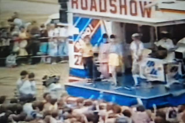 Captain Sensible on stage in the Radio One Roadshow in Skegness in 1984.