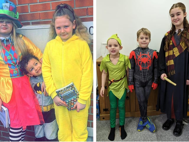Tianna Clifton, as The Hatter; Sonny-Leigh Gardner as Batman; and Onika Clifton as Pikachu; and George Hough, five, as Peter Pan; William Hough, six, as Spider-man, and Edith-Rose Ballam, 10, as Hermione Granger.