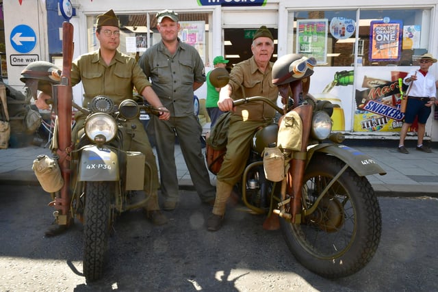 Ben Major of Boston (left) with his 1942 Harley-Davidson WLA, Lawrence Riley of Spilsby, and Chris Major of Boston with his 1943 Harley-Davidson WLA