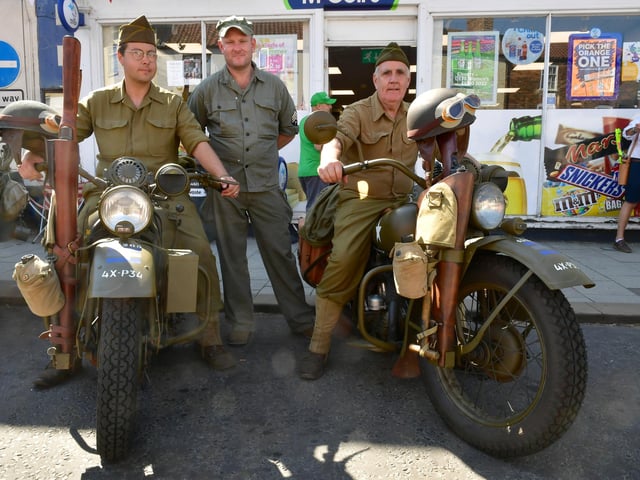 Ben Major of Boston (left) with his 1942 Harley-Davidson WLA, Lawrence Riley of Spilsby, and Chris Major of Boston with his 1943 Harley-Davidson WLA