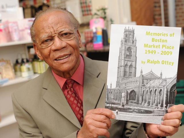 Ralph in 2012 at the launch of his book about the changing face of Boston Market Place, which acted as a fundraiser for The Stump. It was preceded by six books dealing with his childhood in Jamaica, his wartime experience in the RAF, and his 40 years career in business, and followed by a book about the changing face of Wide Bargate, which also acted as a fundraiser for good causes.